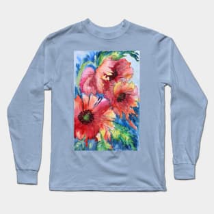 Red Poppy Flowers Watercolor Painting Long Sleeve T-Shirt